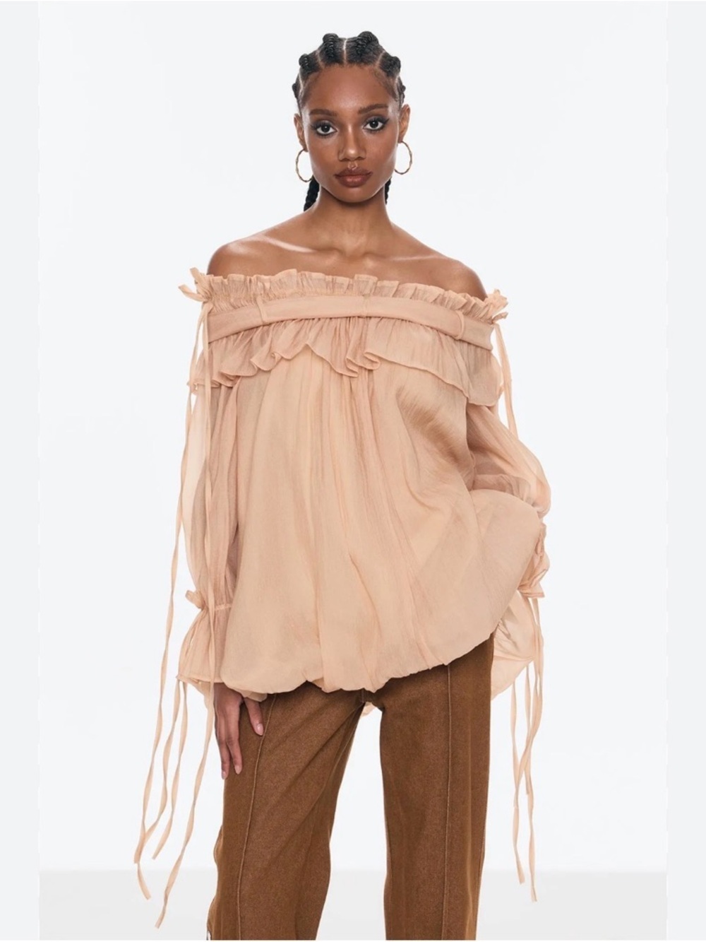 Off-Shoulder Ruffle Peasant Blouse in Nude